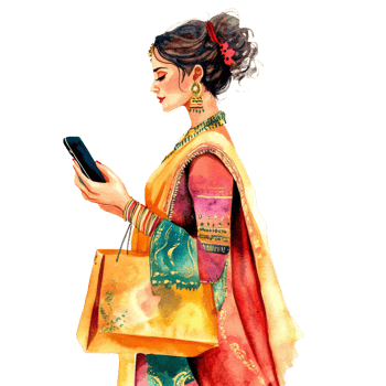 Young woman in traditional dress using smartphone png