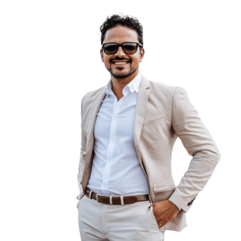 Confident man in light suit smiling outdoors png