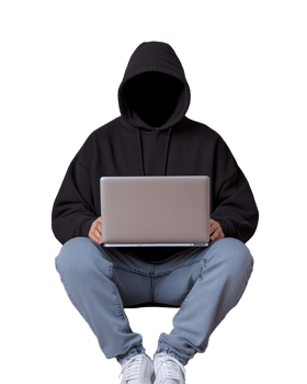 Mysterious figure in black hoodie using laptop on transparent background png