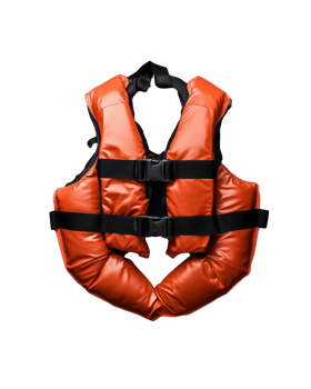 Orange safety life vest with adjustable straps and buckles on transparent background png