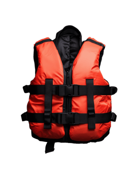 Bright orange life jacket with adjustable straps and buoyancy features on transparent background png