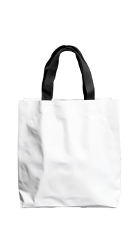 White tote bag with black handles and textured surface on transparent background png
