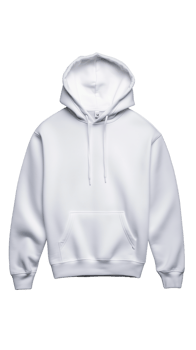 White hooded sweatshirt with front pocket and drawstrings on transparent background png