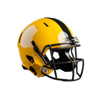 Yellow football helmet with black stripes and visor on transparent background png