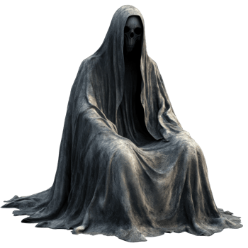 Mysterious hooded figure with a skull face statue png