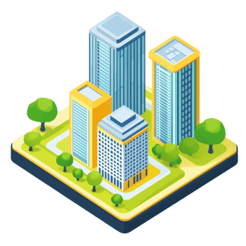 Modern cityscape with skyscrapers and greenery png