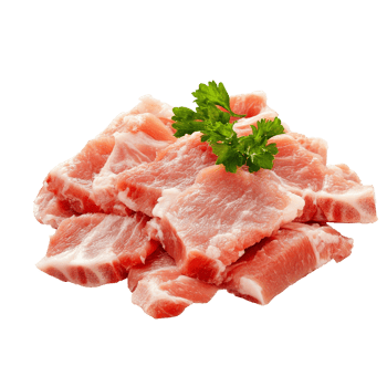 Freshly cut pork meat with garnish in a pile png