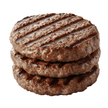Grilled beef patties stacked on a white background png