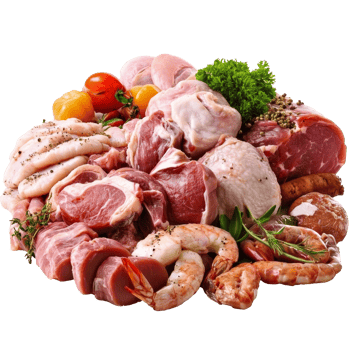 Fresh assortment of meats and seafood for cooking png