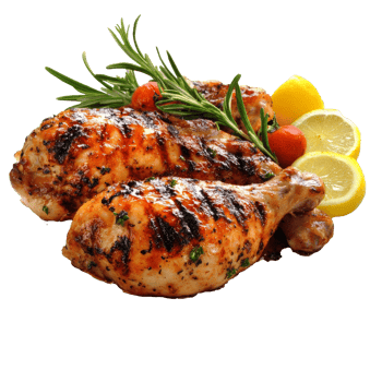 Grilled chicken legs with fresh herbs and lemons png