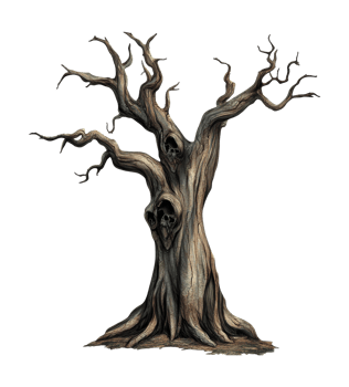 Gnarled tree with skulls in hollow openings png