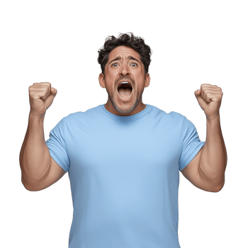 Excited man celebrating with raised fists on transparent background png