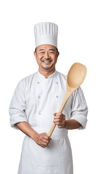 Professional chef holding wooden spoon in white uniform on transparent background png