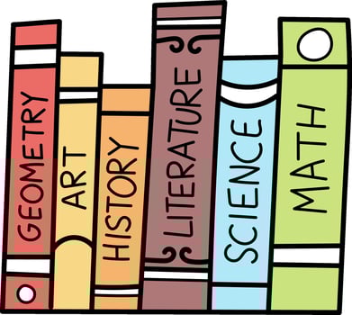 Books with the words science, math, history, and literature vector