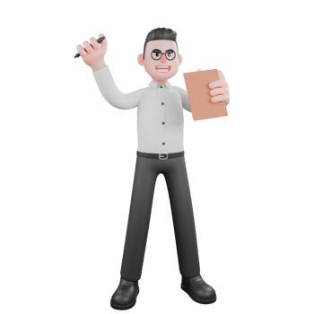 3D Cartoon Model. A male producer stands with his legs slightly apart while his right hand holds a pen and his left hand carries a clipboard. Animation png