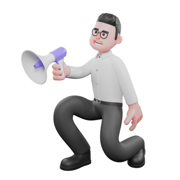 3D Producer Character.A male producer kneels with his right leg bent in front and his left leg bent back while his right hand holds a loudspeaker, a wide smile on his face. Movie Style png