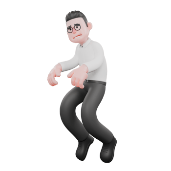 3D Producer Design. A male producer walks on tiptoes while his hands are at his sides, a cunning and scheming expression. Professional Illustration png