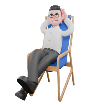 Animated 3D Cartoon. A male producer sits on a chair with one leg crossed over the other while both hands are behind his head, a relaxed and arrogant expression. Animation png