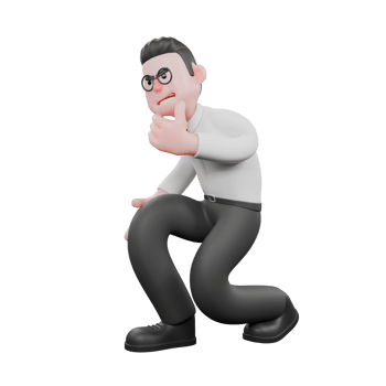 3D Cartoon Model. A male producer with his right leg bent forward and his left leg bent back while one hand is on his chin, a sly smile expression on his face. Animation png