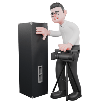 Creative 3D Model. A male producer with his right hand holding a loudspeaker while his left hand holds a camera in front of his body. Movie Style png