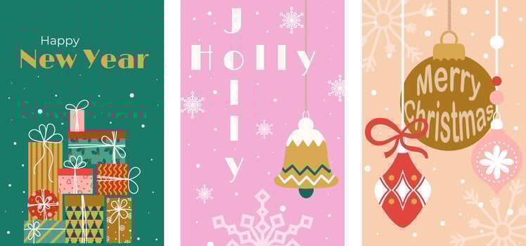 Christmas card set. Trendy minimalist design with Christmas tree, ornaments, Christmas gifts, typography. template for poster, greeting card, invitation, cover. vector