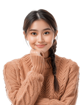 Attractive Asian young woman, winking and looking at the camera while posing touching her chin, png