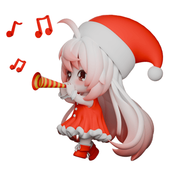 3D Chibi Santa Girl. A chibi girl Santa walks sounding the trumpet she is holding. Christmas Cartoon Model png