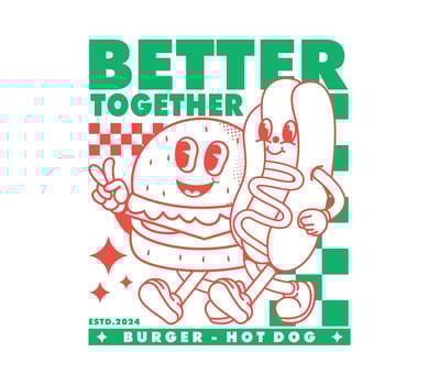 Cute hot dog and burger mascot cartoon character vintage style, illustration for Logo, Mascot, streetwear, Merchandise, T-Shirt, Stickers, etc. vector