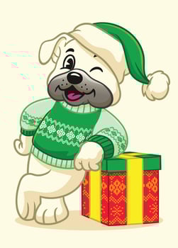 Happy Bulldog Mascot Lean on Big Gift Box vector