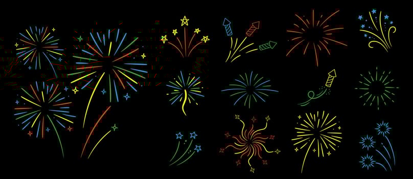 Fireworks with stars and sparks on black background. Festival colorful fireworks. vector