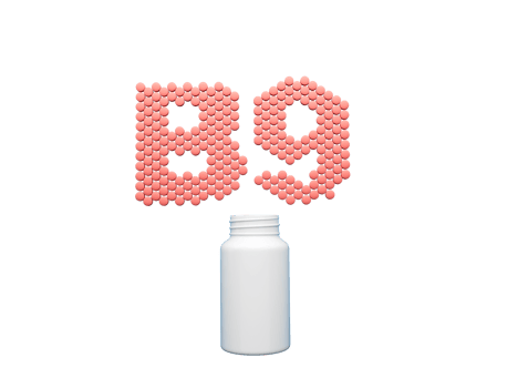 3d Empty White Pill Bottle With B9 Text Made Of Rounded Vitamin B9 Tablets 3d Illustration png