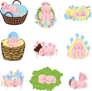 Collection of Adorable Sleeping Newborn Babies Illustration vector