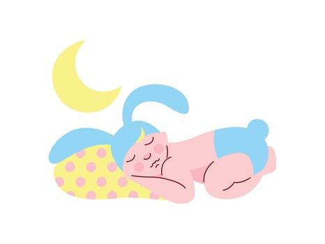 Cute Newborn Baby in Light Blue Bunny Cap and Diaper Sleeping at Night Illustration vector