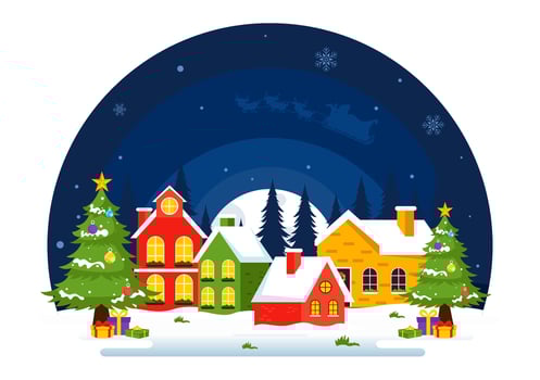 Illustration of Christmas Festivities with Santa Claus, Gift Boxes, and Snow-Covered Trees vector