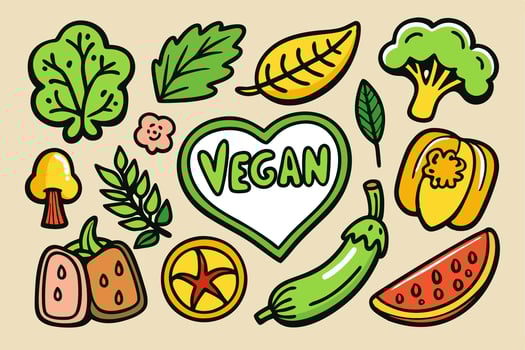 Vegan food icons set with heart and heart shape vector