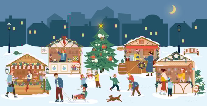 People at Christmas fair. Festive square in winter features Christmas tree as people shop at holiday market. Families, kids enjoy treats, drinks and fun on xmas holidays. Flat illustration vector