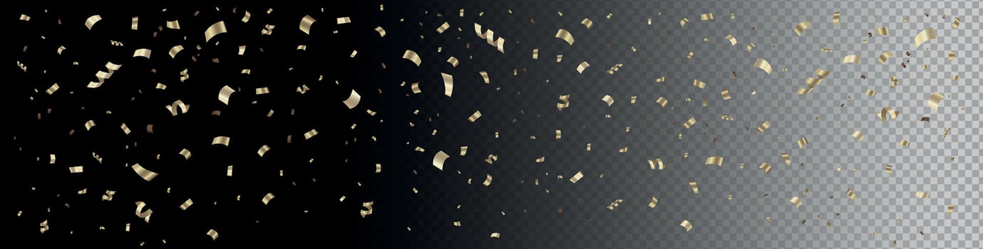 Golden confetti and tinsel falling banner. Festive background with shimmering decorations. Shiny golden paper cuts. For celebrations, holidays, birthdays, Black Friday, Cyber Monday, and promotions. vector