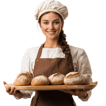 Female Baker Holding Tray of Bread on transparent background png