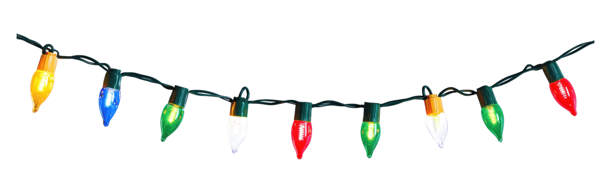 A string of colorful Christmas lights hanging isolate on transparent background png