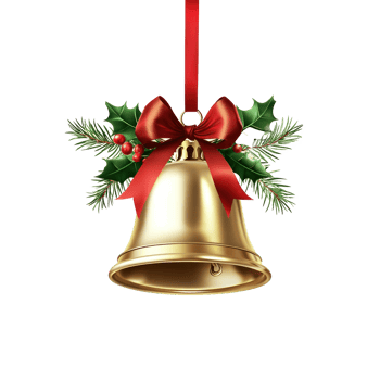 Shining Golden christmas bell with red ribbon and holly haning isolate on transparent background png