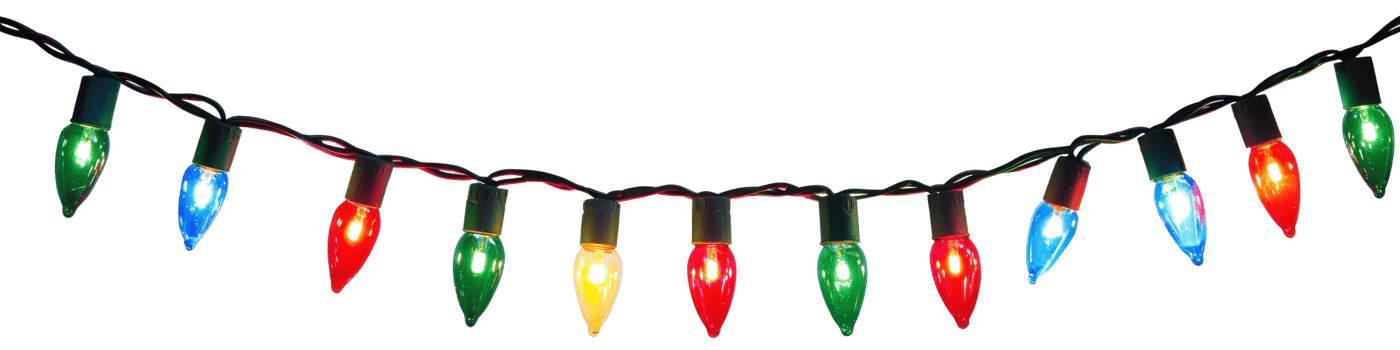 A string of colorful Christmas lights hanging isolate on transparent background png