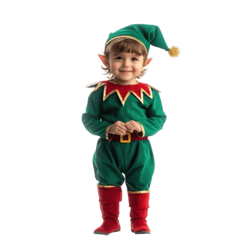 Funny little child wear christmas elf costume front view isolate on transparent background png