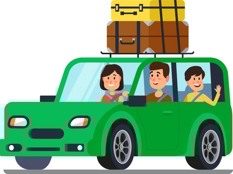 Happy family traveling by green car with luggage on the roof rack, mother driving the car, father and son waving from the back seat, enjoying their road trip vacation vector
