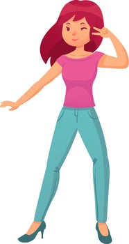 Vibrant illustration of a cheerful woman with pink hair winking and showing the peace sign, radiating confidence and playfulness on a white background vector