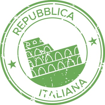 Green stamp representing the italian republic, featuring the iconic colosseum and grunge texture, evokes a sense of travel and history vector