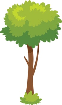 Cartoon tree with green leaves and brown trunk growing on a patch of grass represents nature, growth, and environmental sustainability vector