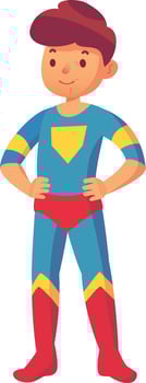 Confident superhero boy standing with hands on hips, ready to save the day, a symbol of courage and strength in a vibrant cartoon illustration vector