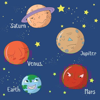 Educational game for children learn planets doodle cartoon hand drawn illustration vector