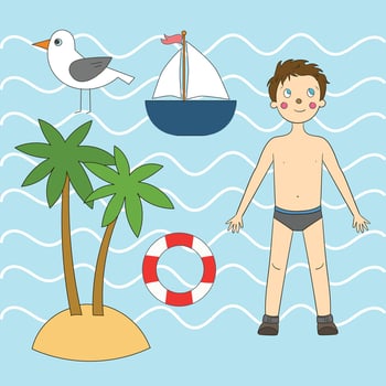 Summer sea set cartoon doodle hand drawn illustration vector