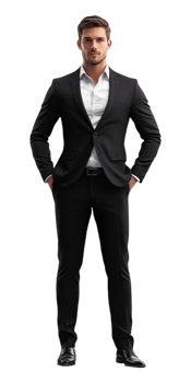 A man in a suit standing with his hands on his hips png